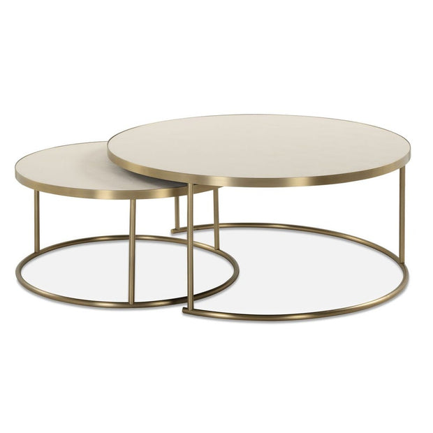 Uttermost Aragon White Shagreen Top with Brass Base Set of 2 Modern Round Nesting Coffee Tables