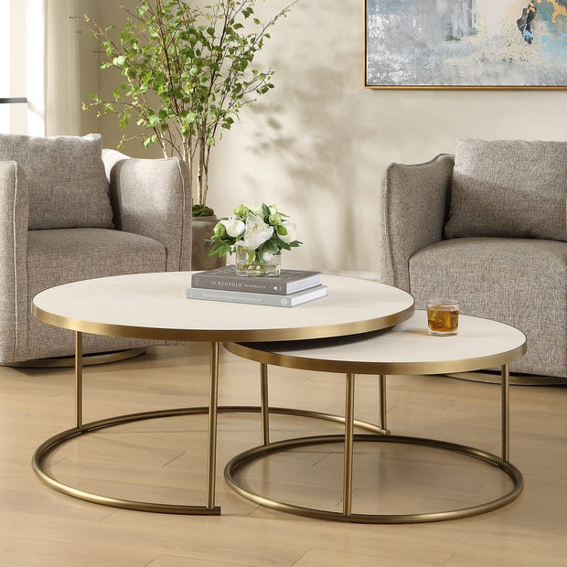 Uttermost Aragon White Shagreen Top with Brass Base Set of 2 Modern Round Nesting Coffee Tables