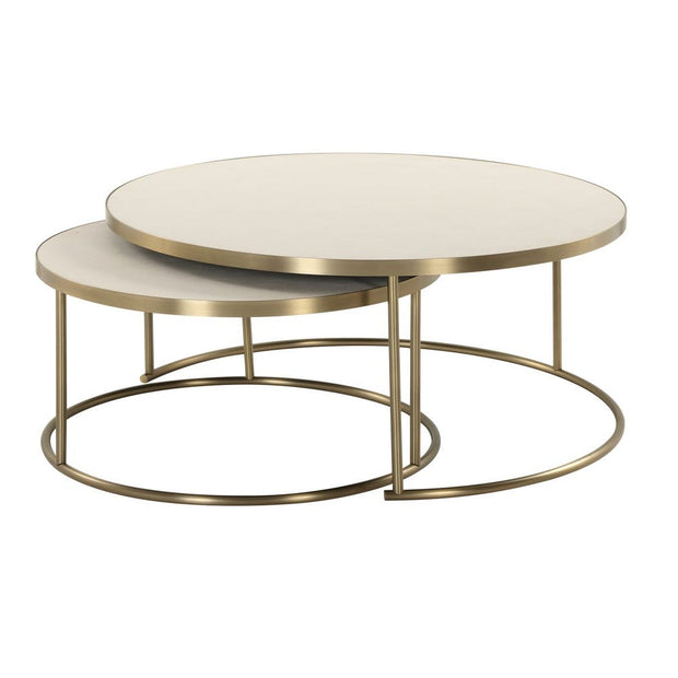 Uttermost Aragon White Shagreen Top with Brass Base Set of 2 Modern Round Nesting Coffee Tables