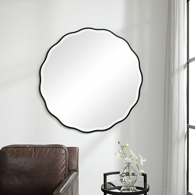 Uttermost Aneta Satin Black Wood Scalloped Round Mirror
