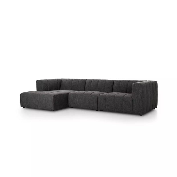 Four Hands Langham Channeled 3 Piece Left Chaise Sectional ~ Saxon Charcoal Upholstered Fabric