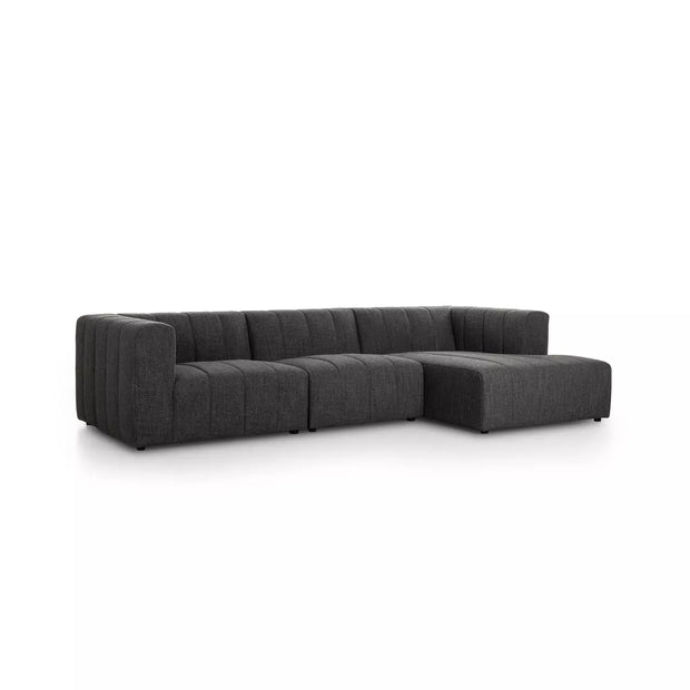 Four Hands Langham Channeled 3 Piece Right Chaise Sectional ~ Saxon Charcoal Upholstered Fabric