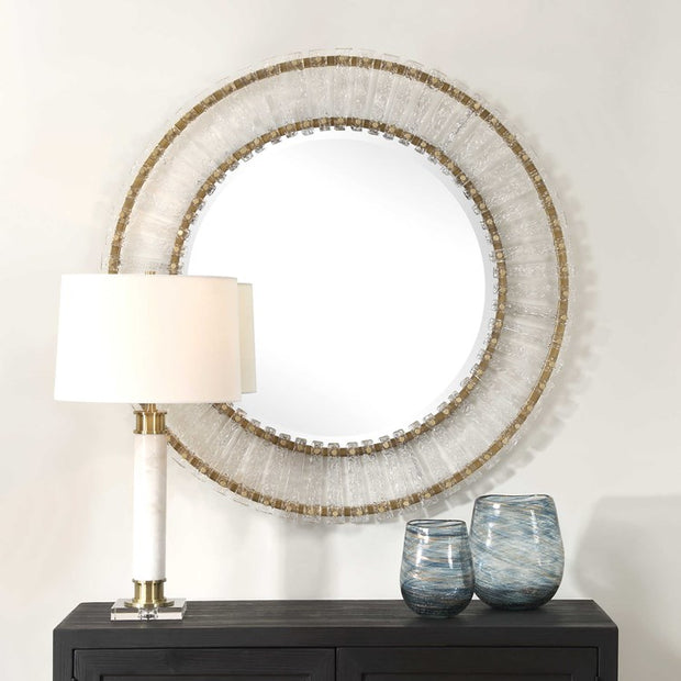 Uttermost Denali Textured Glass and Brushed Gold Iron Round Mirror