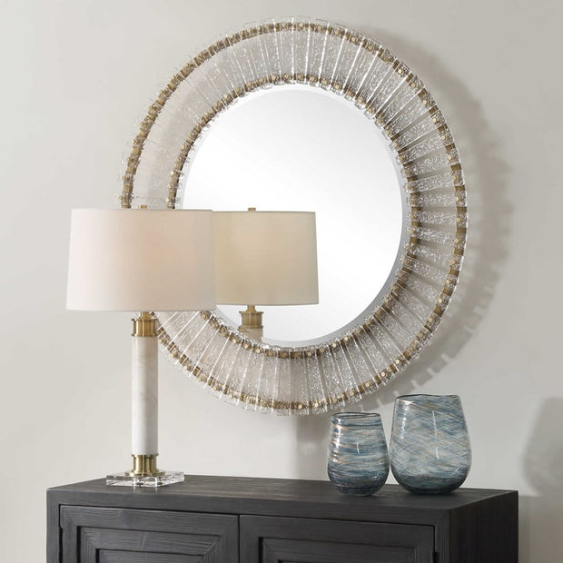 Uttermost Denali Textured Glass and Brushed Gold Iron Round Mirror