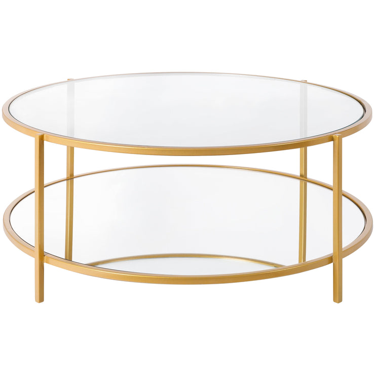 Surya Alecsa Modern Glass Top With Wood & Gold Metal Mirrored Base Round Coffee Table EAA-014