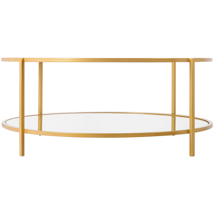 Surya Alecsa Modern Glass Top With Wood & Gold Metal Mirrored Base Round Coffee Table EAA-014