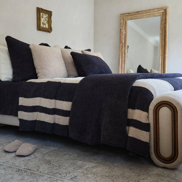Kashwere Ultra Plush Multi Striped Midnight Grey, Wheat and Linen King Blanket