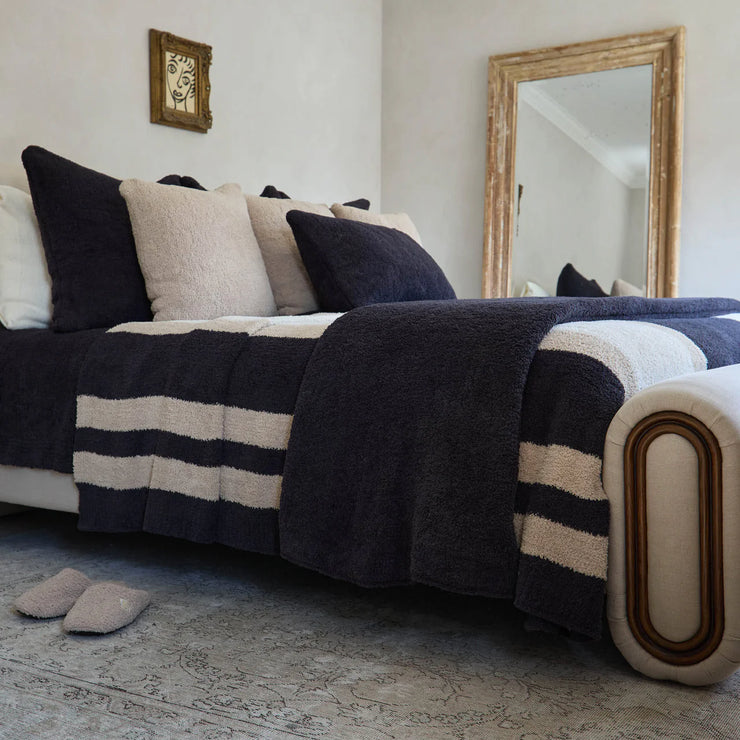 Kashwere Ultra Plush Multi Striped Midnight Grey, Wheat and Linen King Blanket