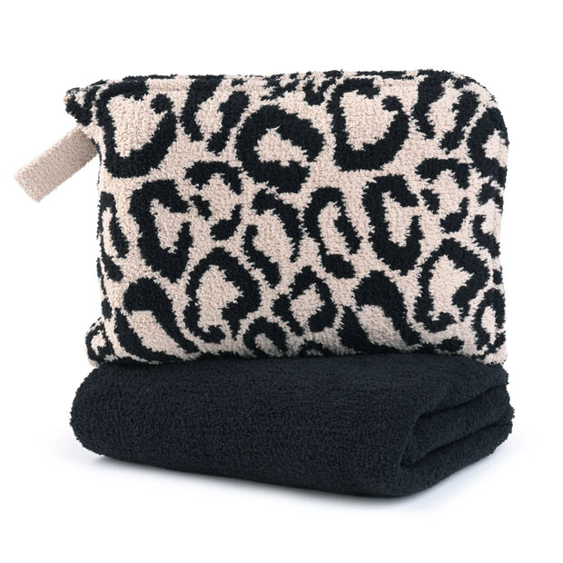 Kashwere Ultra Plush Black & Wheat Leopard Travel Blanket With Pouch