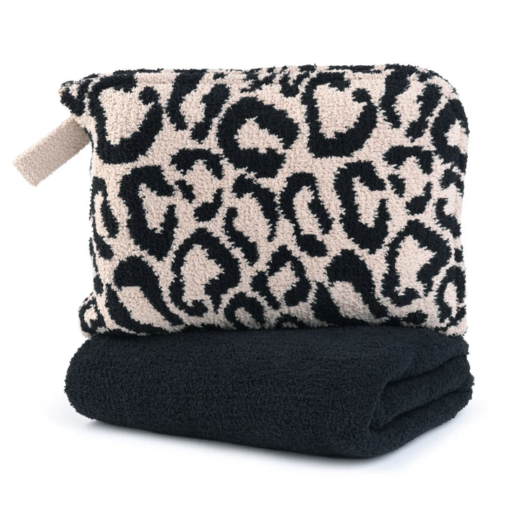 Kashwere Ultra Plush Black & Wheat Leopard Travel Blanket With Pouch