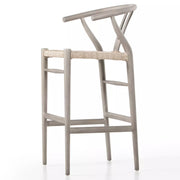 Four Hands Muestra Wishbone Bar Stool ~ All Weather Wicker Seat With Weathered Grey Teak Finish