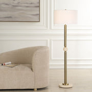 Uttermost Hudson Gold and Travertine Floor Lamp With White Linen Shade