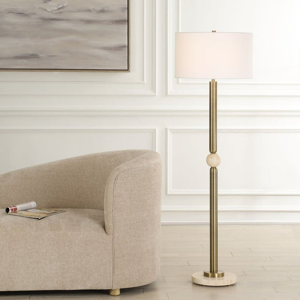 Uttermost Hudson Gold and Travertine Floor Lamp With White Linen Shade