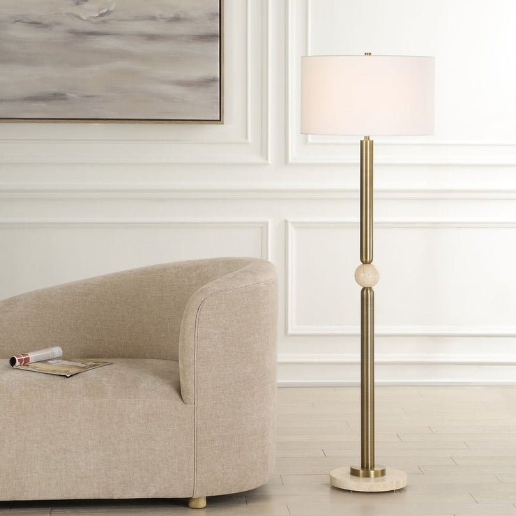 Uttermost Hudson Gold and Travertine Floor Lamp With White Linen Shade