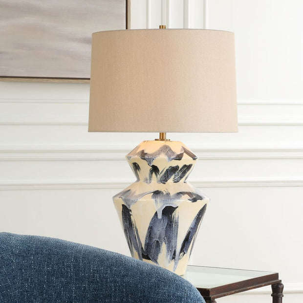 Uttermost Oranda Blue Abstract Pattern Table Lamp With Off-White Linen Shade