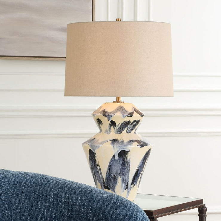 Uttermost Oranda Blue Abstract Pattern Table Lamp With Off-White Linen Shade