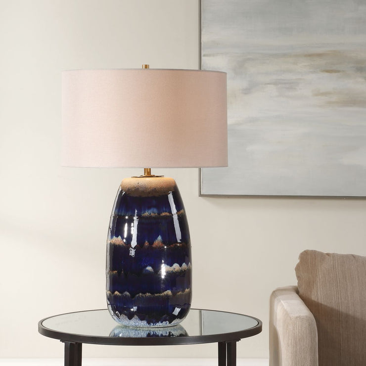 Uttermost Orleans Blue Drip Glazed Table Lamp With White Linen Shade