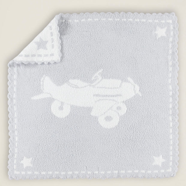 Barefoot Dreams CozyChic Blue and White Airplane Scalloped Receiving Baby Blanket