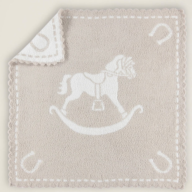 Barefoot Dreams CozyChic Stone and White Rocking Horse Scalloped Receiving Baby Blanket