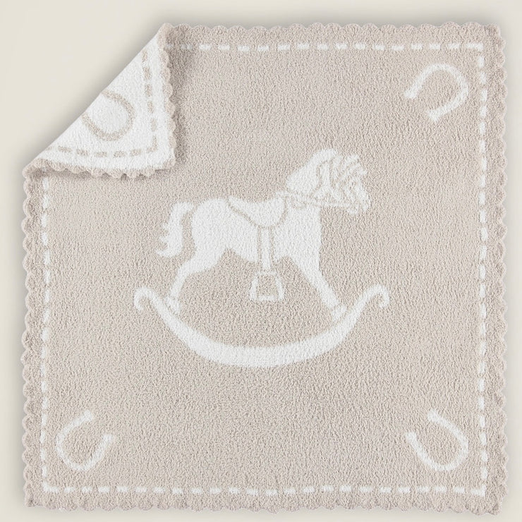 Barefoot Dreams CozyChic Stone and White Rocking Horse Scalloped Receiving Baby Blanket
