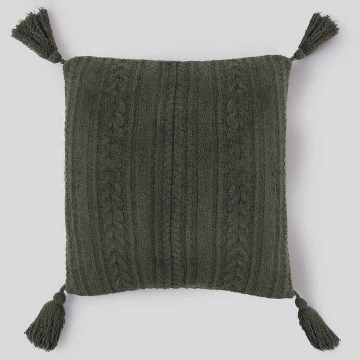 Barefoot Dreams CozyChic Cable 20” Pillow With Tassels ~ Dark Moss