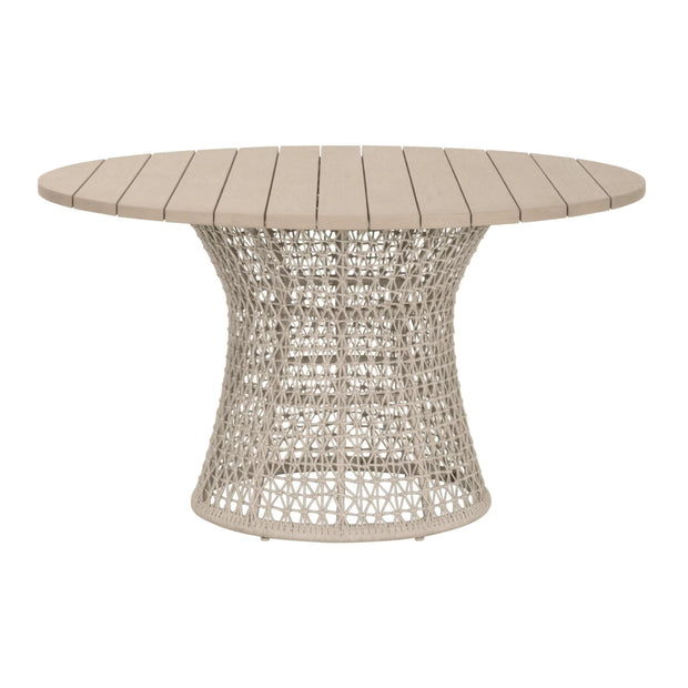 Essentials For Living Knit Outdoor 54” Round Dining Table ~ Oat Flat Rope, Washed Ever Teak