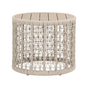 Essentials For Living Knit Outdoor Round End Table ~ Oat Flat Rope, Washed Ever Teak