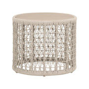 Essentials For Living Knit Outdoor Round End Table ~ Oat Flat Rope, Washed Ever Teak