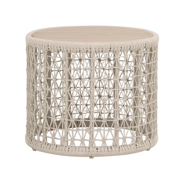 Essentials For Living Knit Outdoor Round End Table ~ Oat Flat Rope, Washed Ever Teak