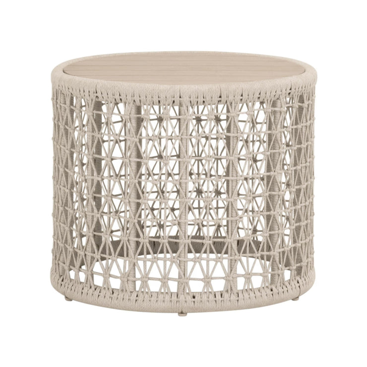 Essentials For Living Knit Outdoor Round End Table ~ Oat Flat Rope, Washed Ever Teak