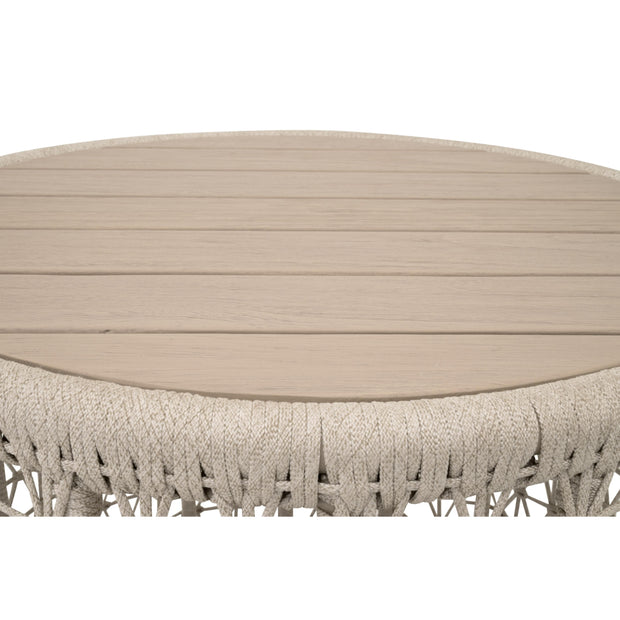 Essentials For Living Knit Outdoor Round End Table ~ Oat Flat Rope, Washed Ever Teak
