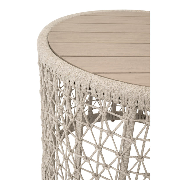Essentials For Living Knit Outdoor Round End Table ~ Oat Flat Rope, Washed Ever Teak