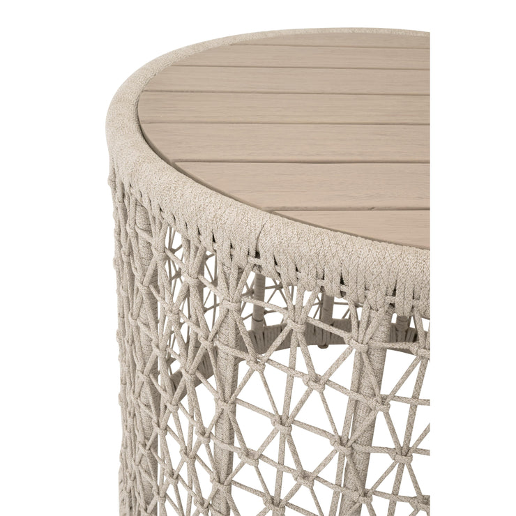 Essentials For Living Knit Outdoor Round End Table ~ Oat Flat Rope, Washed Ever Teak
