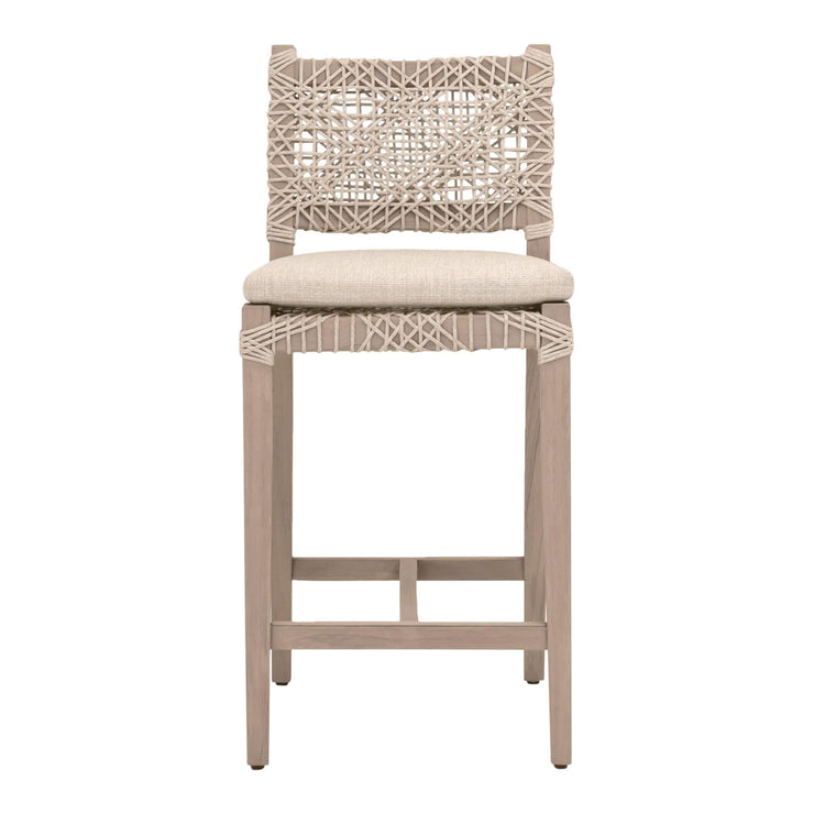 Essentials For Living Costa Outdoor Counter Stool ~ Oat Flat Rope, Performance Ecru Weave, Washed Ever Teak
