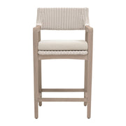 Essentials For Living Lucia Outdoor Counter Stool ~ Pure White Synthetic Wicker, Performance Stone, Washed Ever Teak