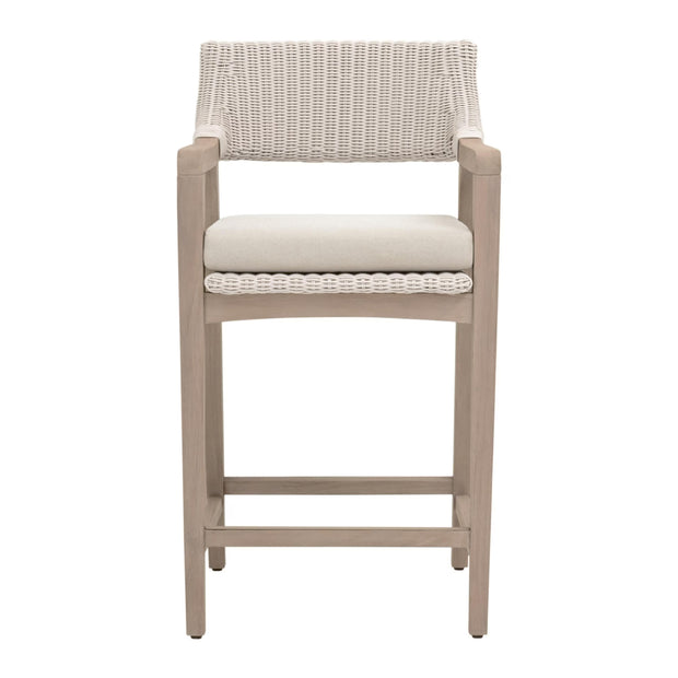 Essentials For Living Lucia Outdoor Counter Stool ~ Pure White Synthetic Wicker, Performance Stone, Washed Ever Teak