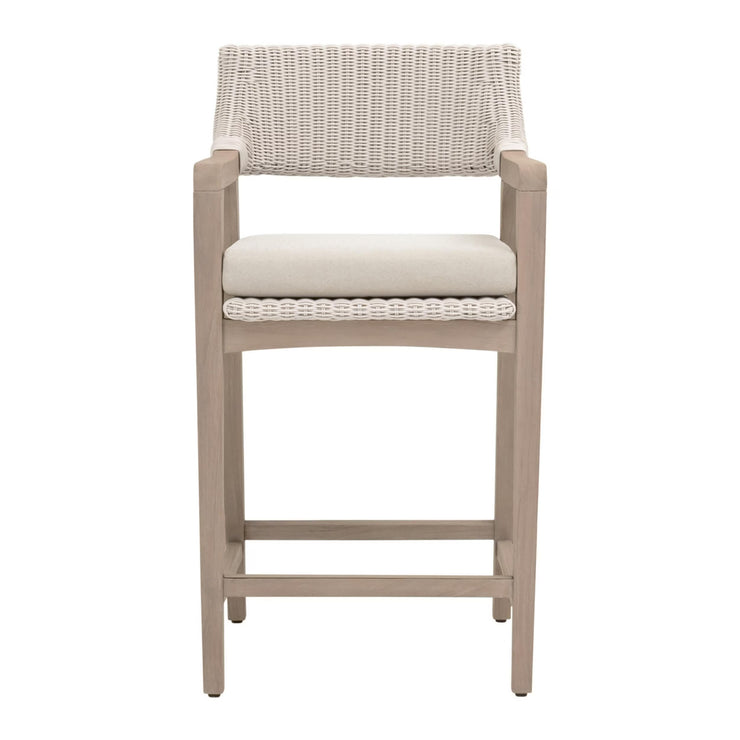 Essentials For Living Lucia Outdoor Counter Stool ~ Pure White Synthetic Wicker, Performance Stone, Washed Ever Teak