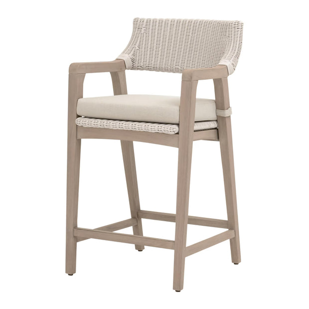 Essentials For Living Lucia Outdoor Counter Stool ~ Pure White Synthetic Wicker, Performance Stone, Washed Ever Teak