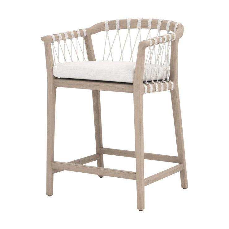 Essentials For Living Pacific Outdoor Counter Stool ~ White Speckle Flat Rope, Performance White Speckle, Washed Ever Teak