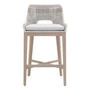 Essentials For Living Tapestry Outdoor Barstool ~ Taupe & White Flat Rope, Taupe Stripe, Performance Pumice, Washed Ever Teak