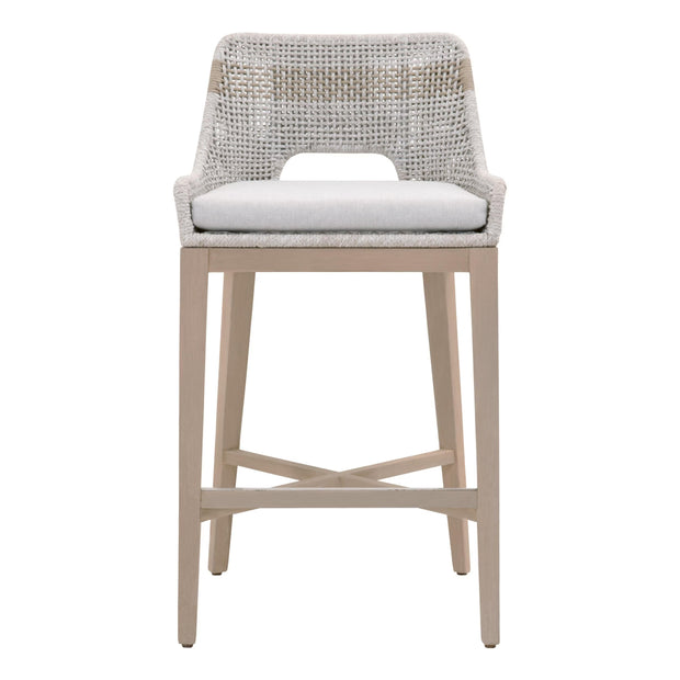 Essentials For Living Tapestry Outdoor Barstool ~ Taupe & White Flat Rope, Taupe Stripe, Performance Pumice, Washed Ever Teak