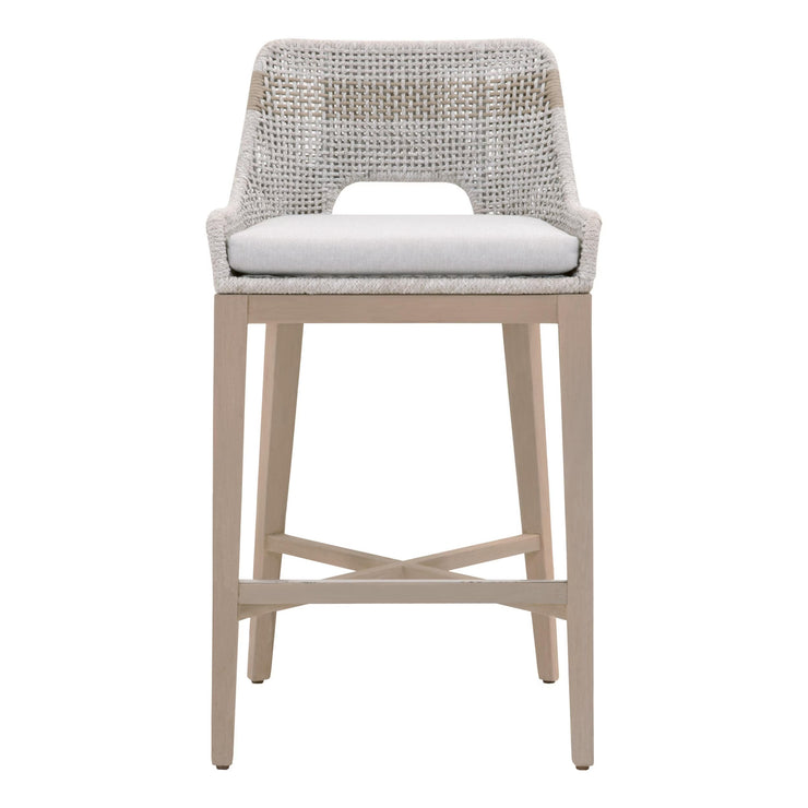 Essentials For Living Tapestry Outdoor Barstool ~ Taupe & White Flat Rope, Taupe Stripe, Performance Pumice, Washed Ever Teak