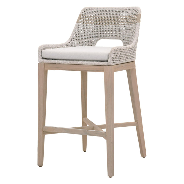 Essentials For Living Tapestry Outdoor Barstool ~ Taupe & White Flat Rope, Taupe Stripe, Performance Pumice, Washed Ever Teak