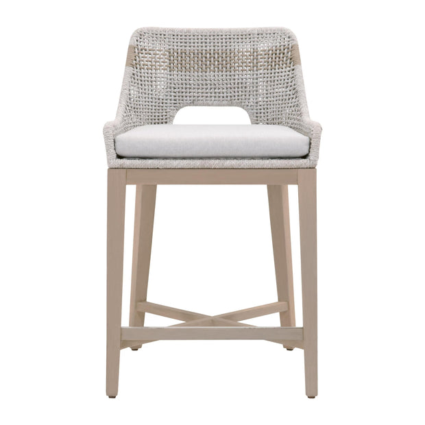 Essentials For Living Tapestry Outdoor Counter Stool ~ Taupe & White Flat Rope, Taupe Stripe, Performance Pumice, Washed Ever Teak