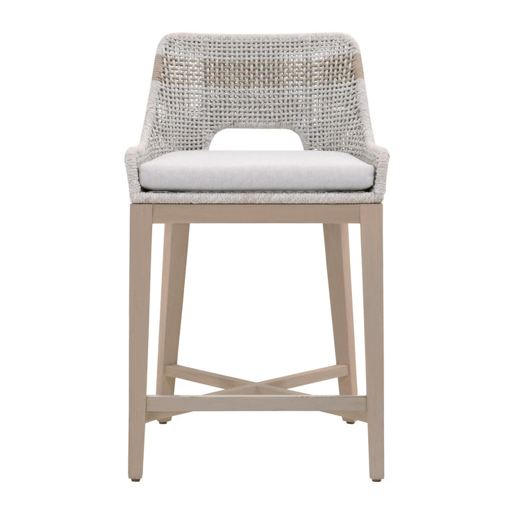 Essentials For Living Tapestry Outdoor Counter Stool ~ Taupe & White Flat Rope, Taupe Stripe, Performance Pumice, Washed Ever Teak