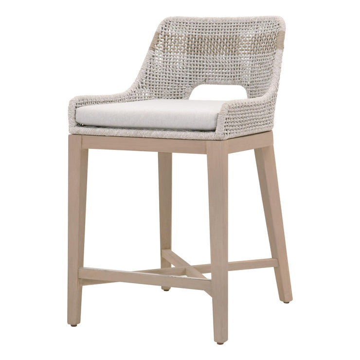 Essentials For Living Tapestry Outdoor Counter Stool ~ Taupe & White Flat Rope, Taupe Stripe, Performance Pumice, Washed Ever Teak