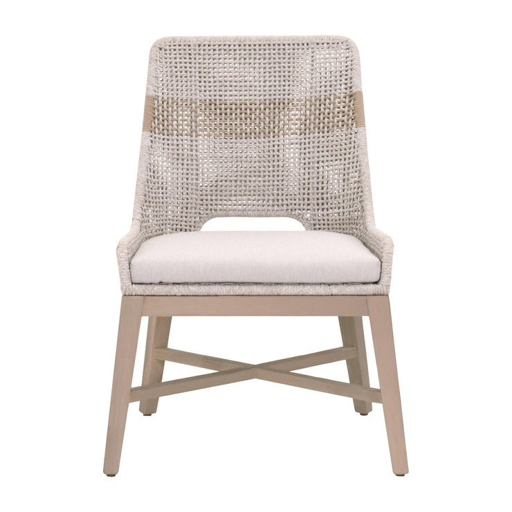 Essentials For Living Tapestry Outdoor Dining Chair ~ Taupe & White Flat Rope, Taupe Stripe, Performance Pumice, Washed Ever Teak