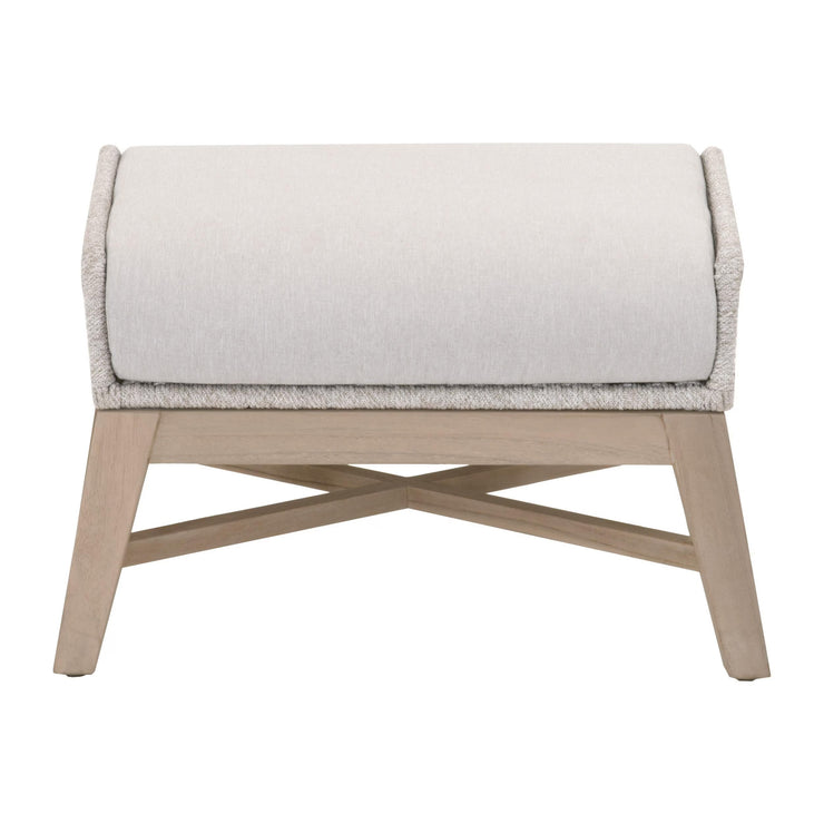 Essentials For Living Tapestry Outdoor Footstool ~ Taupe & White Flat Rope, Taupe Stripe, Performance Pumice, Washed Ever Teak