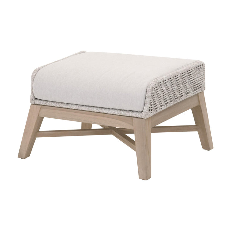 Essentials For Living Tapestry Outdoor Footstool ~ Taupe & White Flat Rope, Taupe Stripe, Performance Pumice, Washed Ever Teak