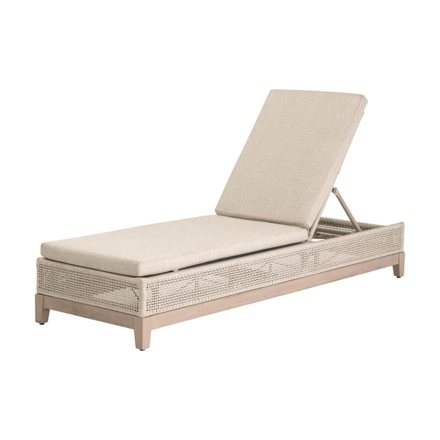 Essentials For Living Tropez Outdoor Chaise Lounge ~ Oat Flat Rope, Performance Ecru Weave, Washed Ever Teak